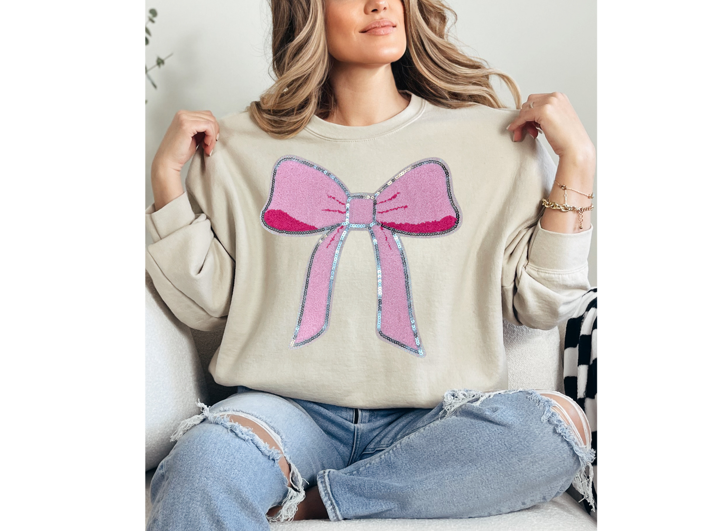 Pink Bow Chenille Patch Crewneck