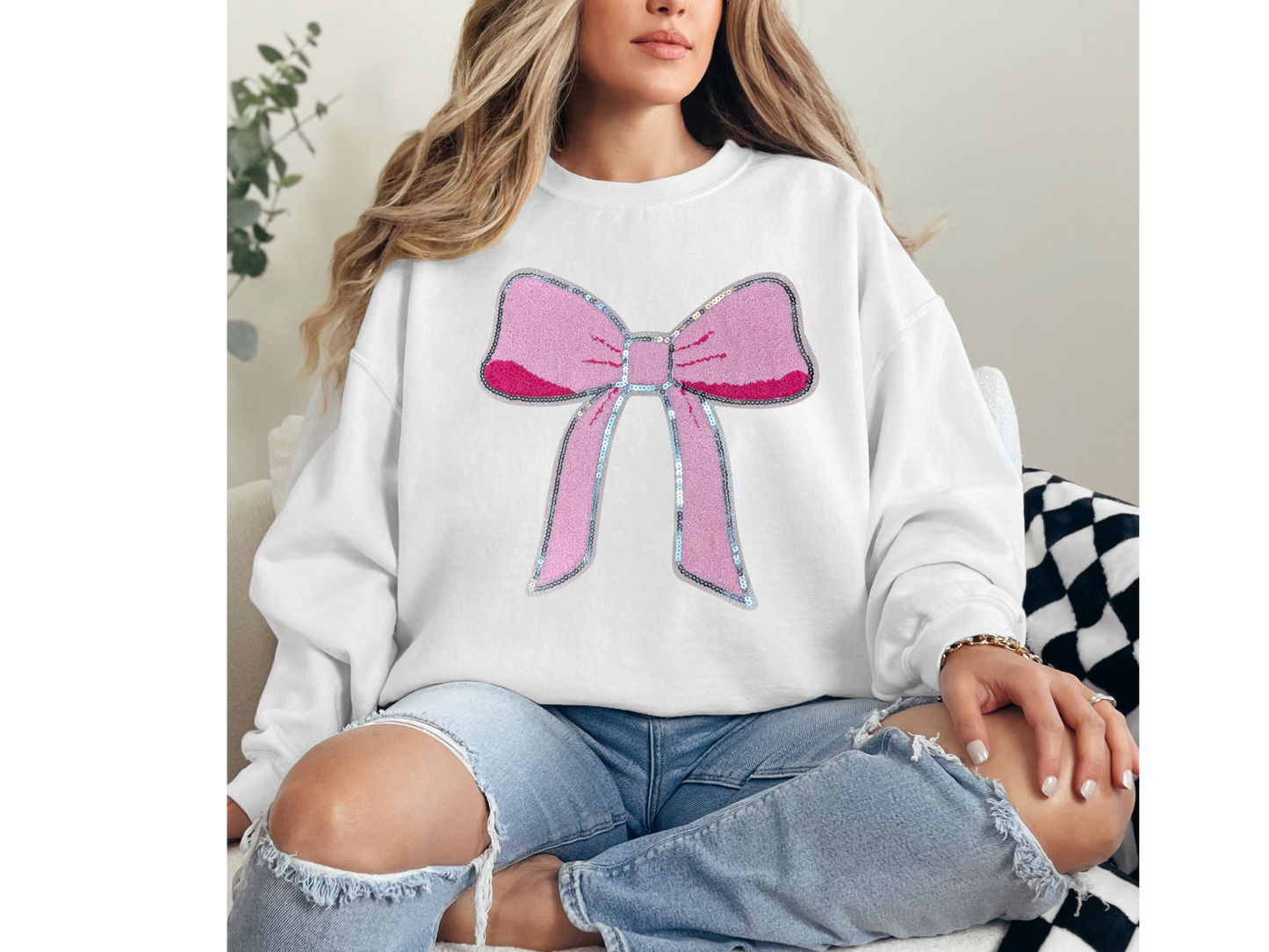 Pink Bow Chenille Patch Crewneck