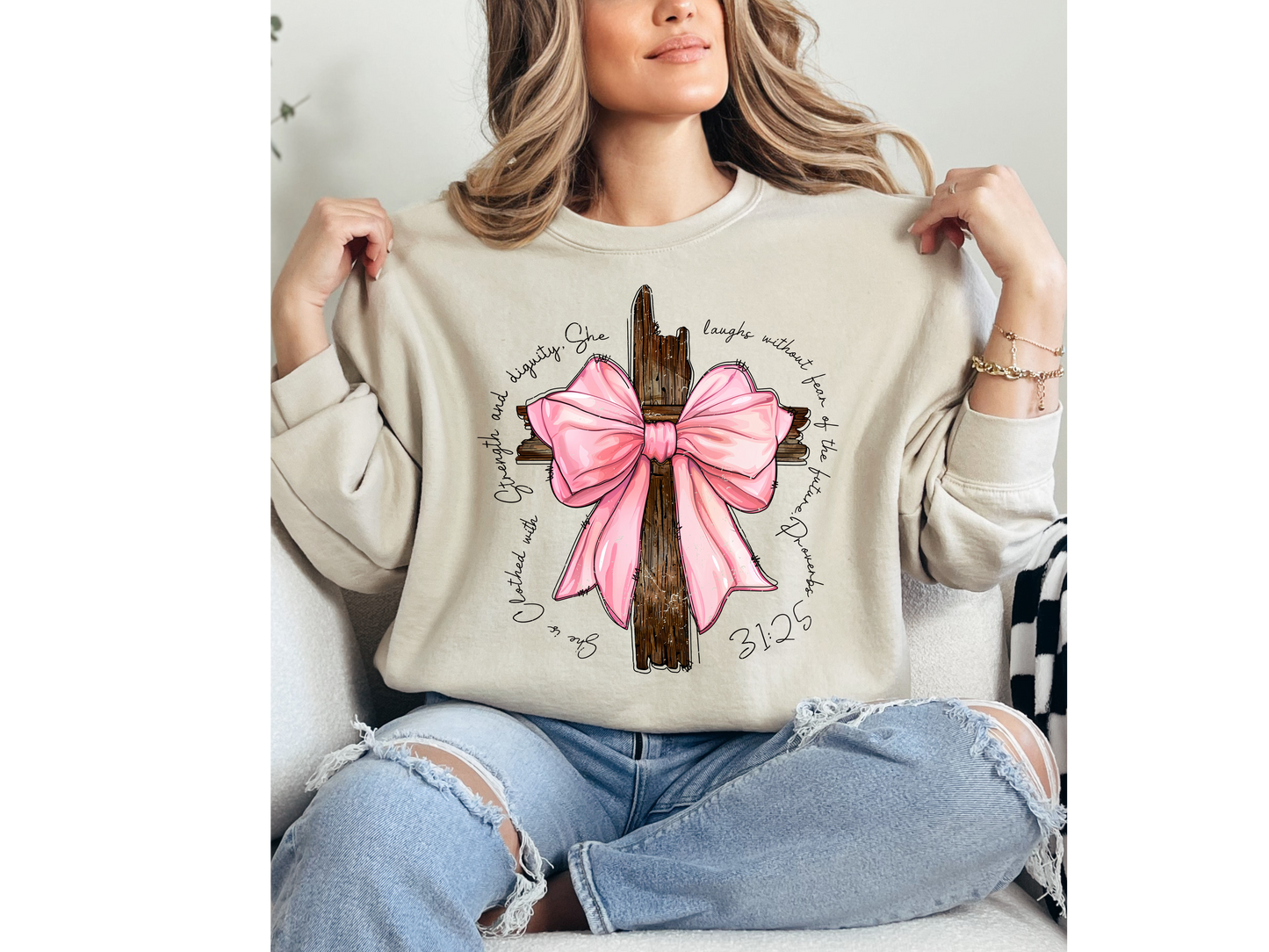 She is clothed with strength and dignity Crewneck