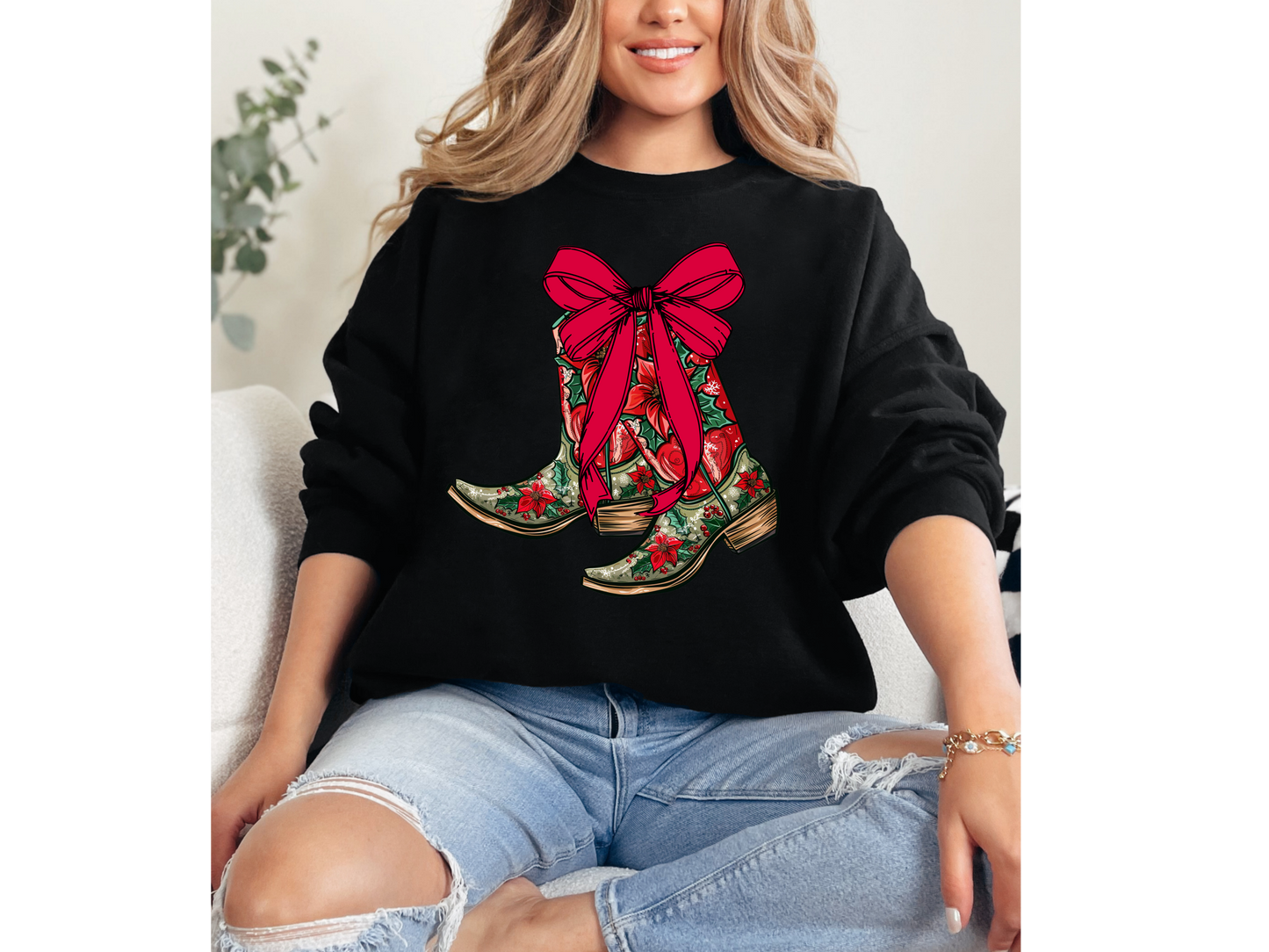 Red Boots With Bow Crewneck