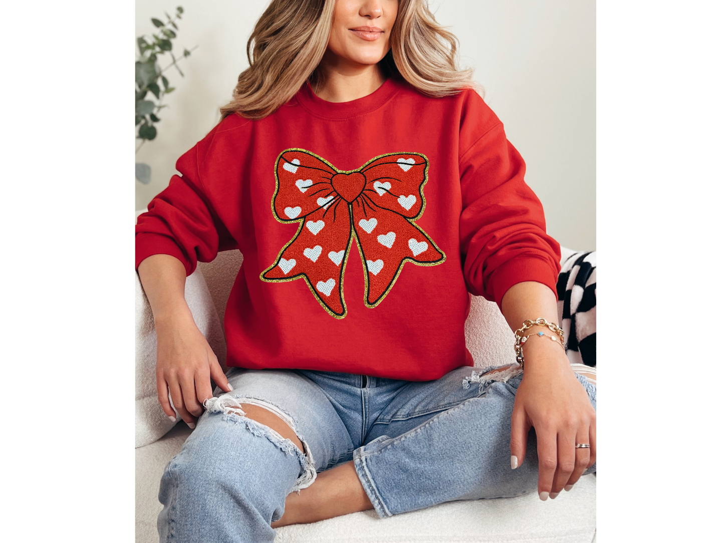 Red Bow with White hearts Chenille Patch Crewneck