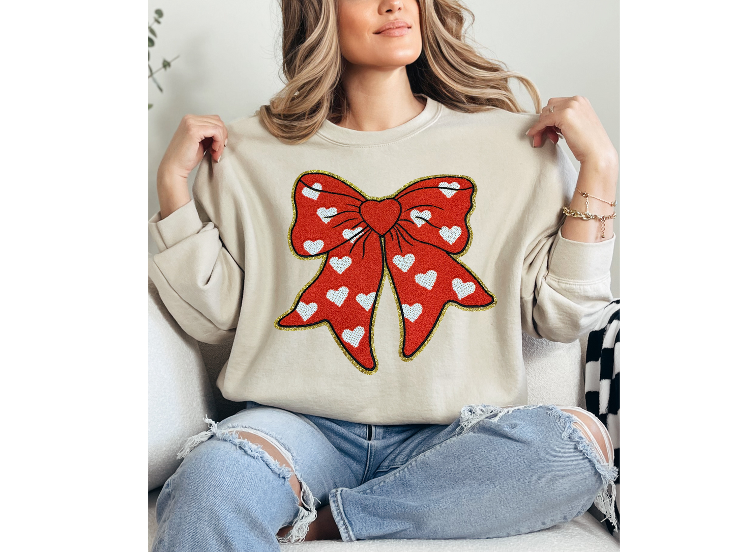 Red Bow with White hearts Chenille Patch Crewneck