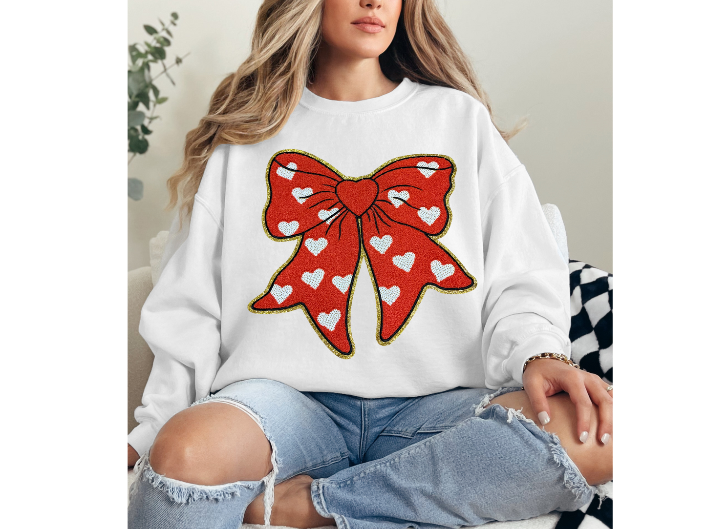Red Bow with White hearts Chenille Patch Crewneck