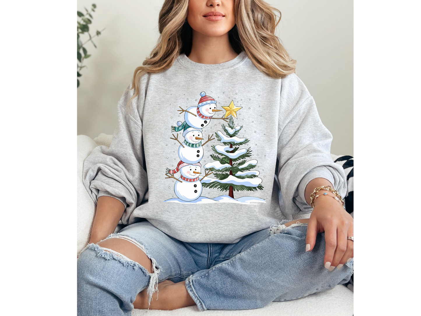 Snowmen Decorating A Christmas Tree Crewneck