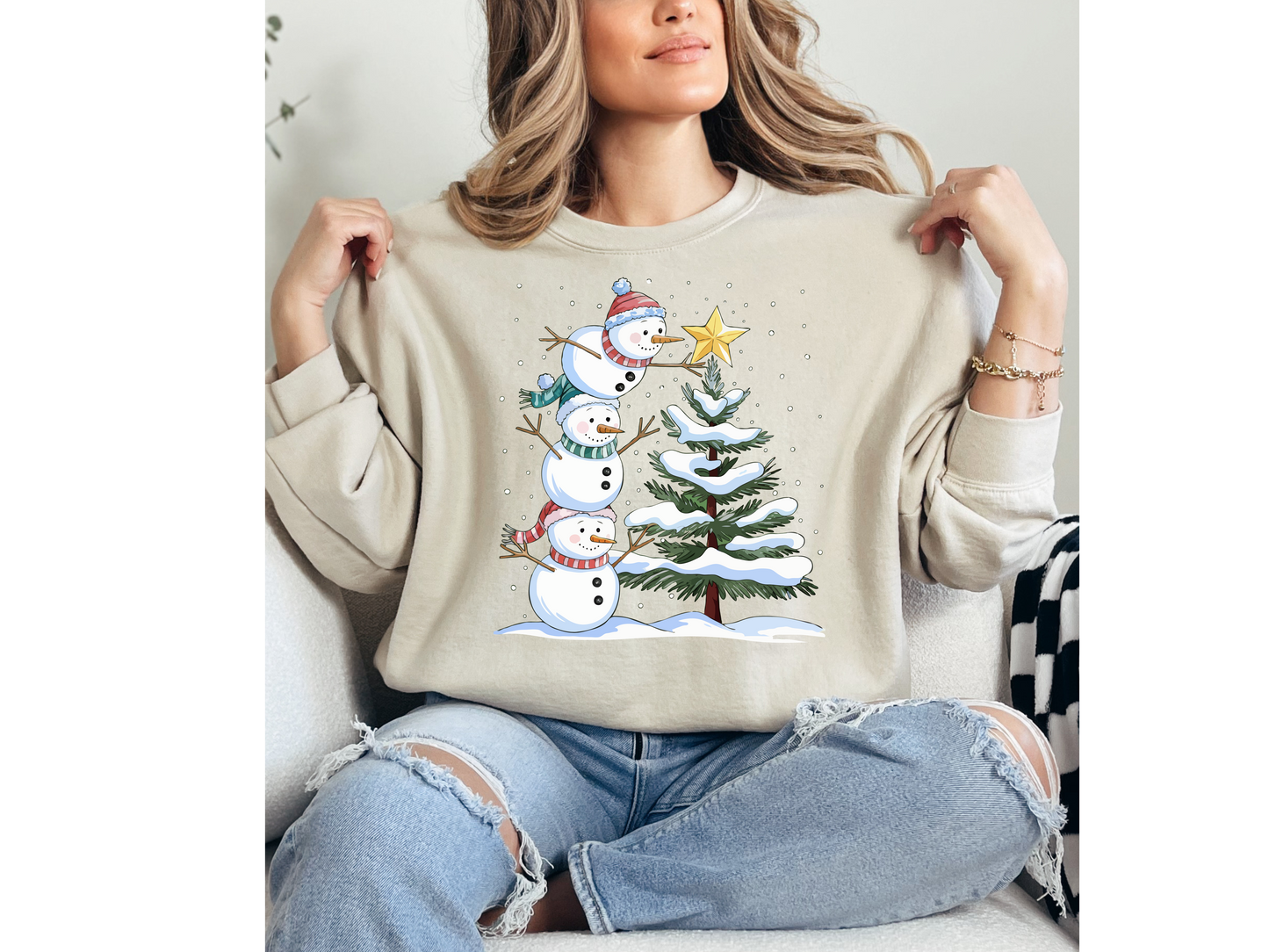 Snowmen Decorating A Christmas Tree Crewneck
