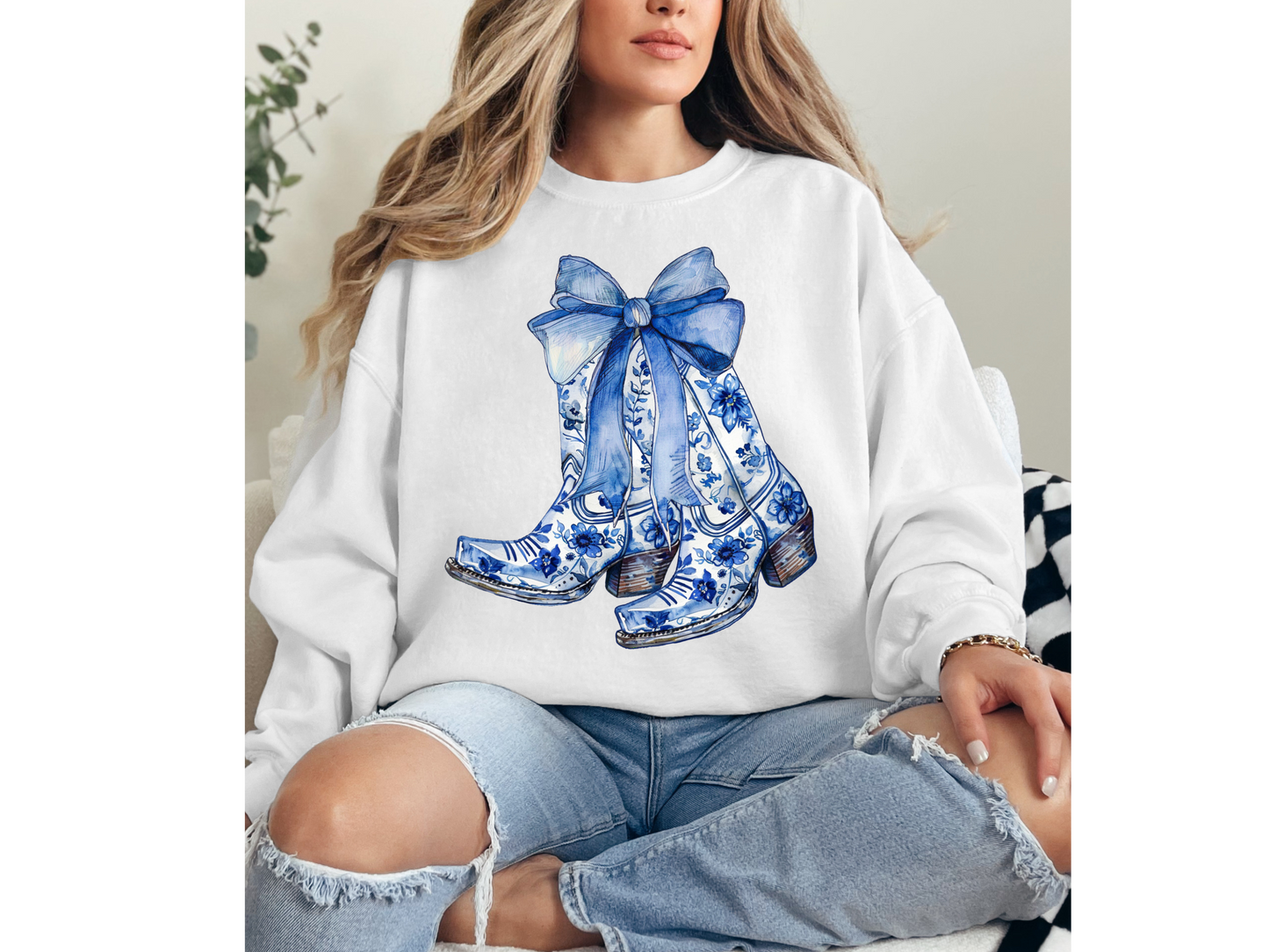 Blue Boots With Bow Crewneck