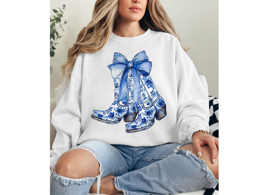 Blue Boots With Bow Crewneck