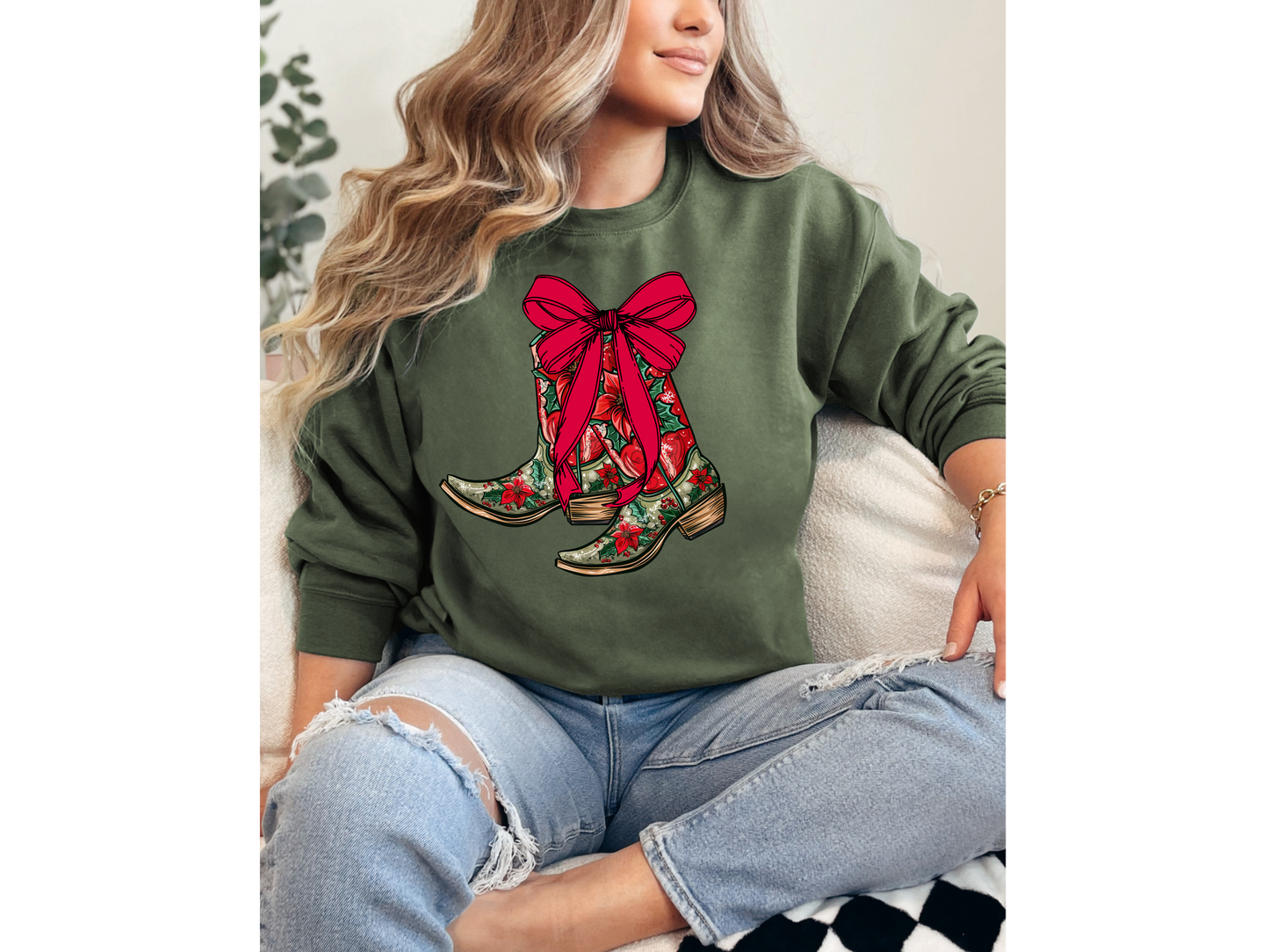 Red Boots With Bow Crewneck