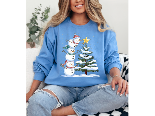 Snowmen Decorating A Christmas Tree Crewneck